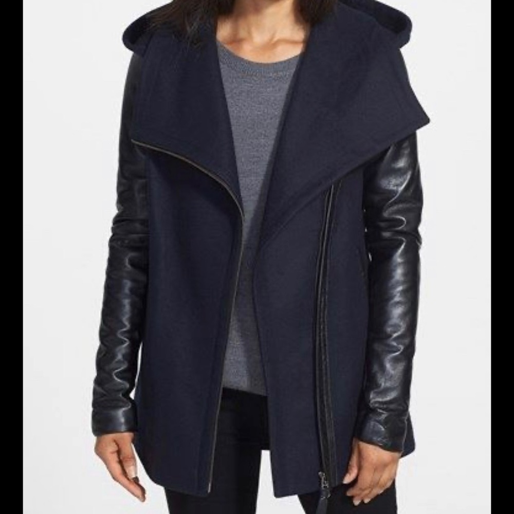 Mackage Navy Odelia Leather Wool Hooded Coat XS